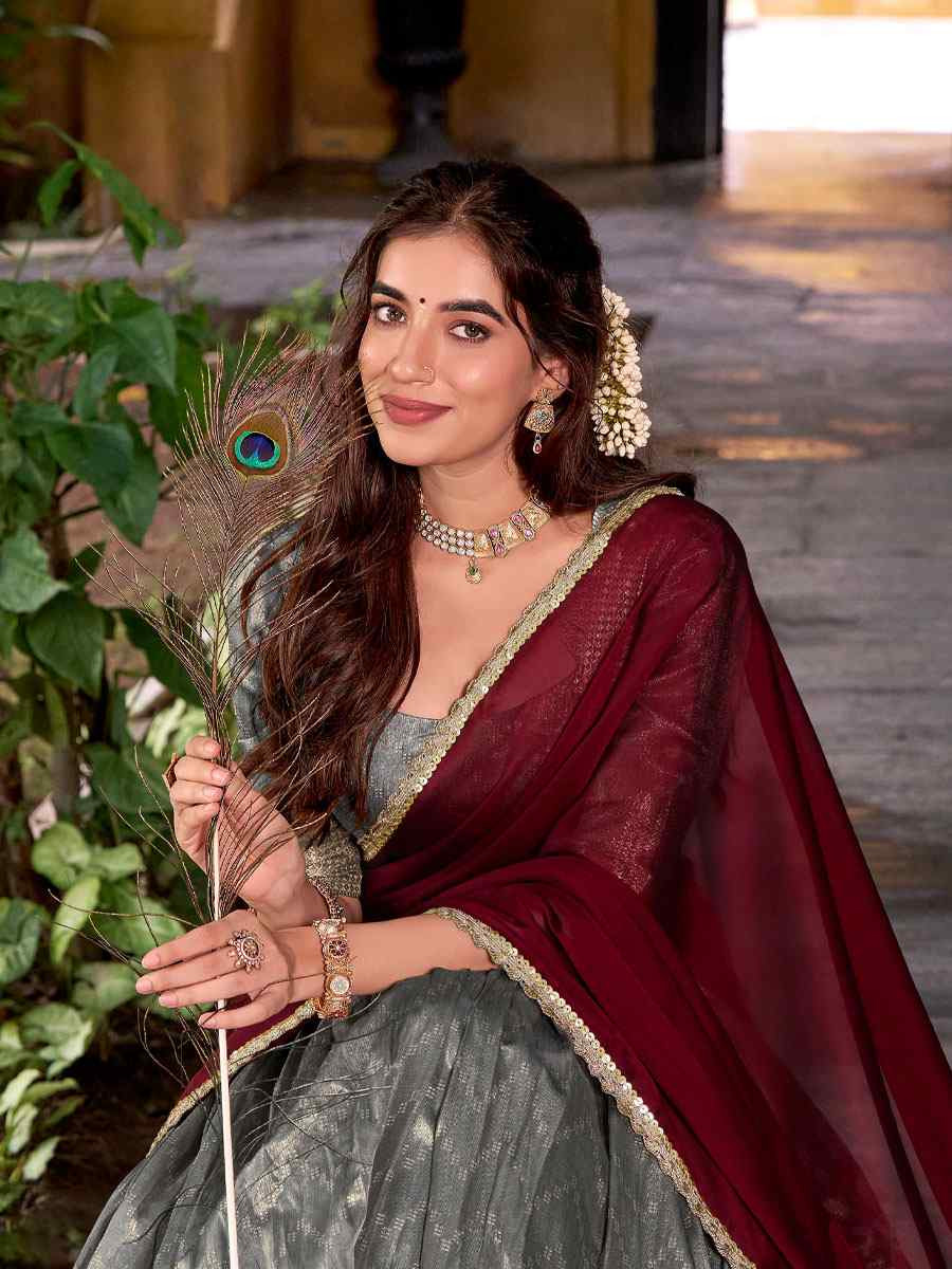 Grey Dhupion Silk Zari Handwoven Wedding Reception Festival Heavy Border Lehenga Choli