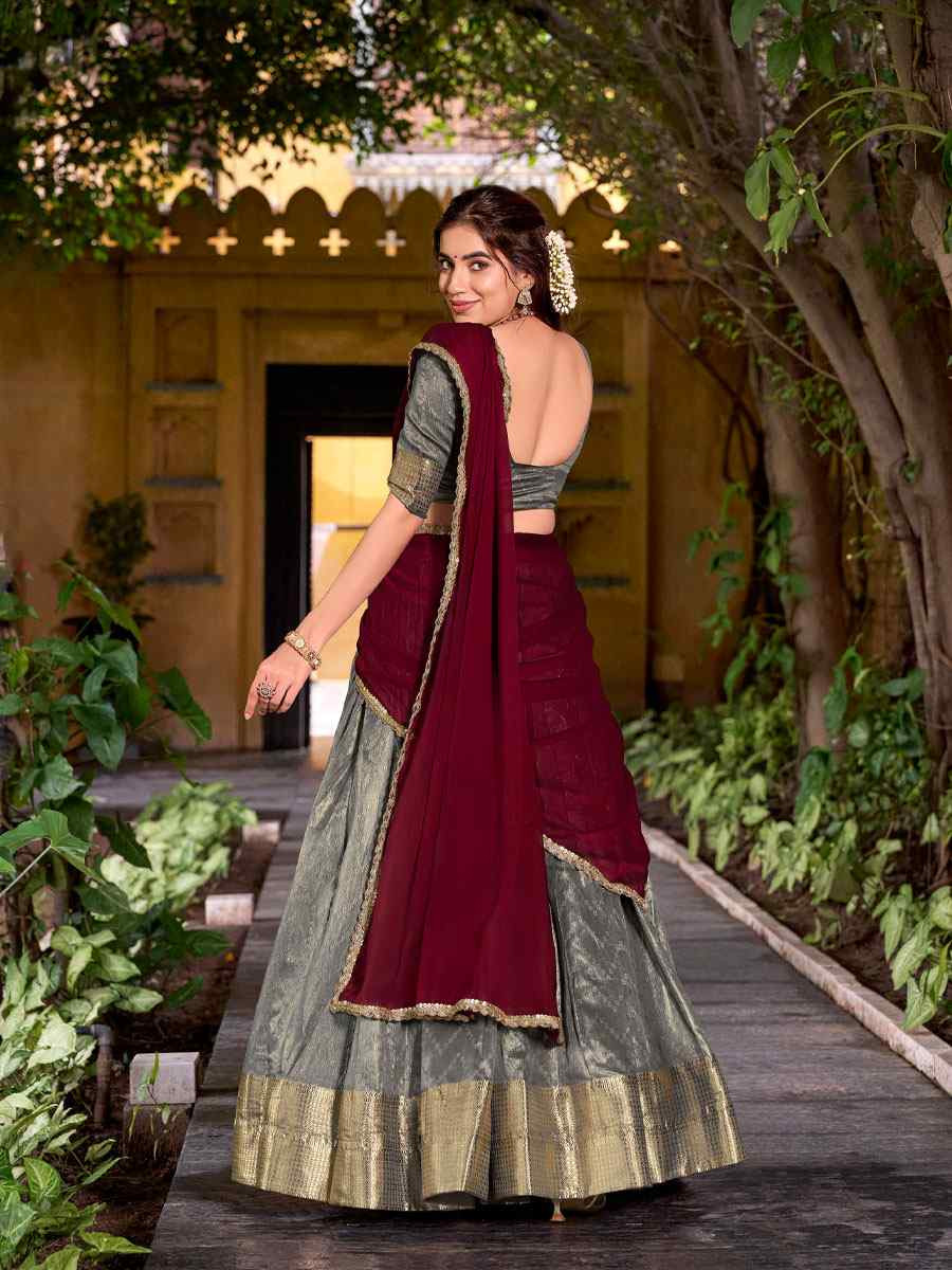 Grey Dhupion Silk Zari Handwoven Wedding Reception Festival Heavy Border Lehenga Choli