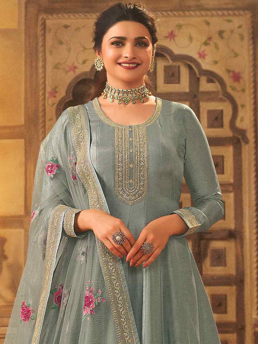 Grey Dola Silk Embroidered Festival Wedding Anarkali Bollywood Style Salwar Kameez