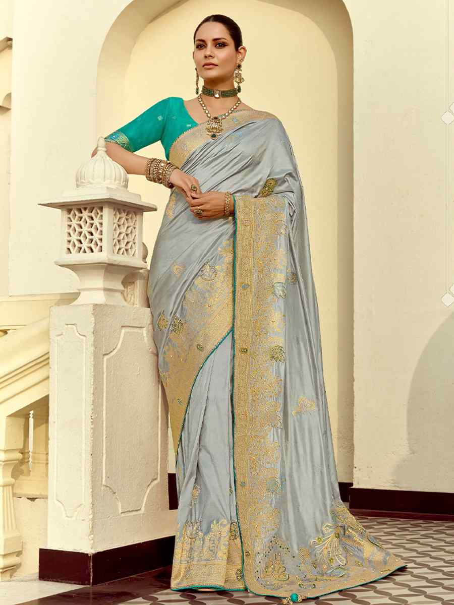 Grey Dola Silk Handwoven With Handwork Festival Wedding Fancy Heavy Border Saree