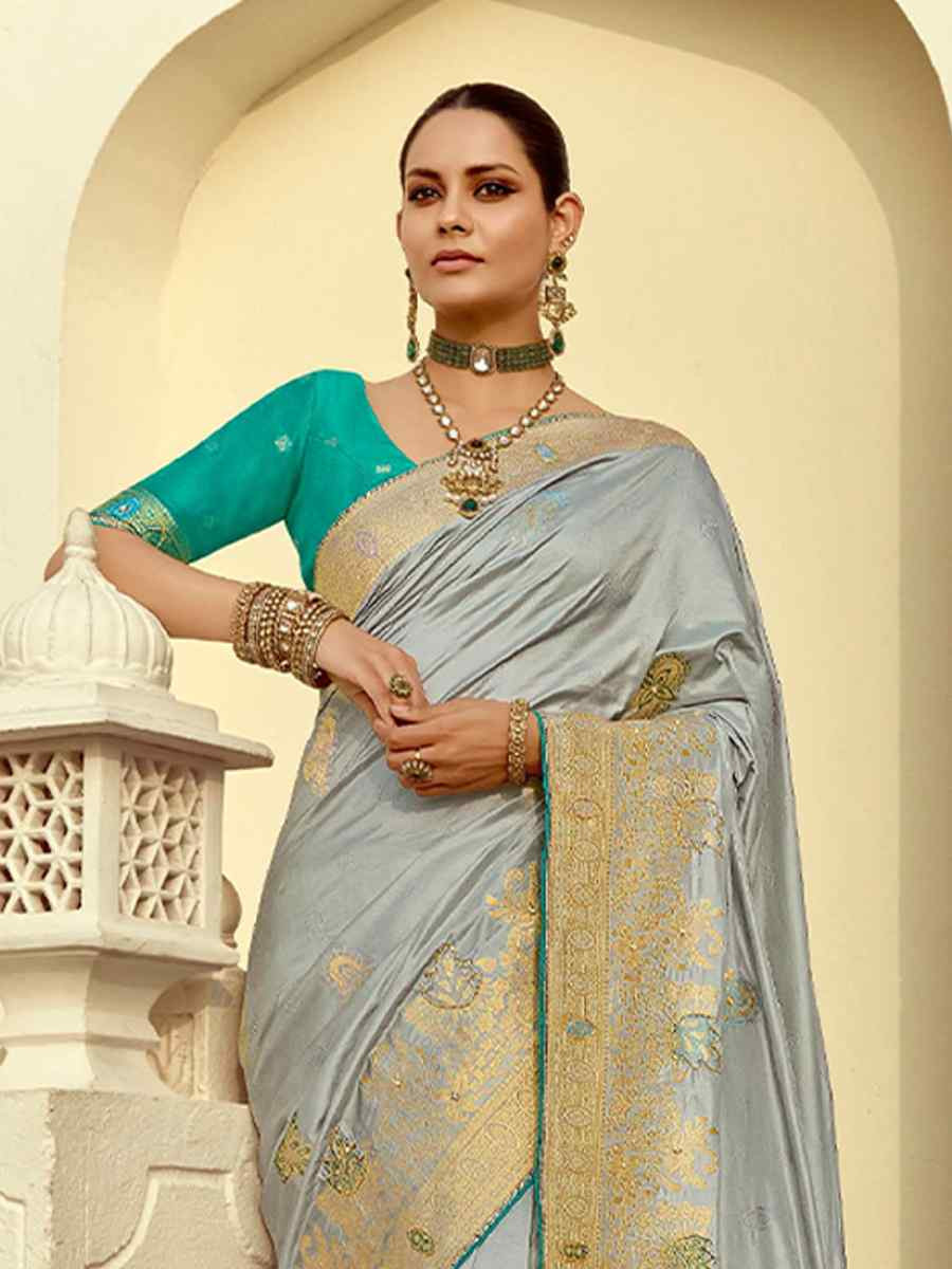 Grey Dola Silk Handwoven With Handwork Festival Wedding Fancy Heavy Border Saree