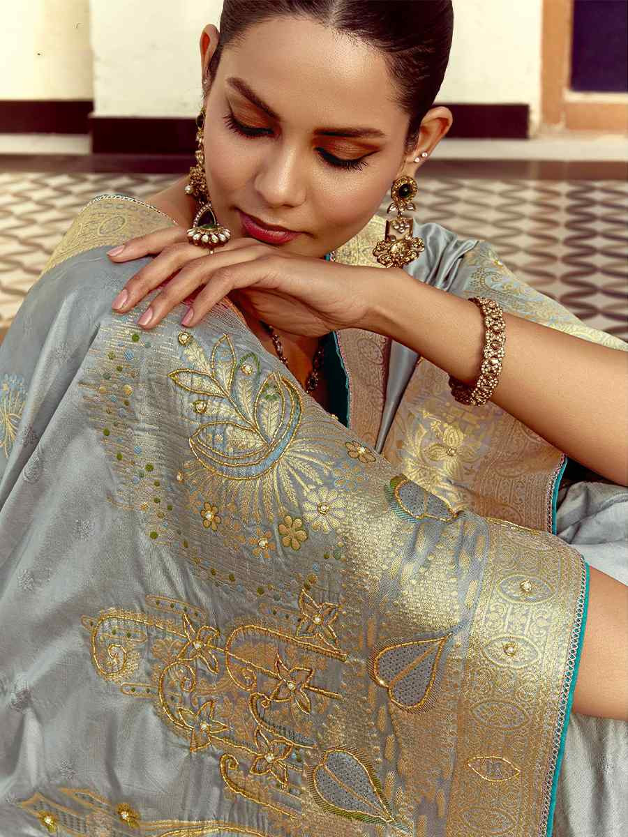 Grey Dola Silk Handwoven With Handwork Festival Wedding Fancy Heavy Border Saree