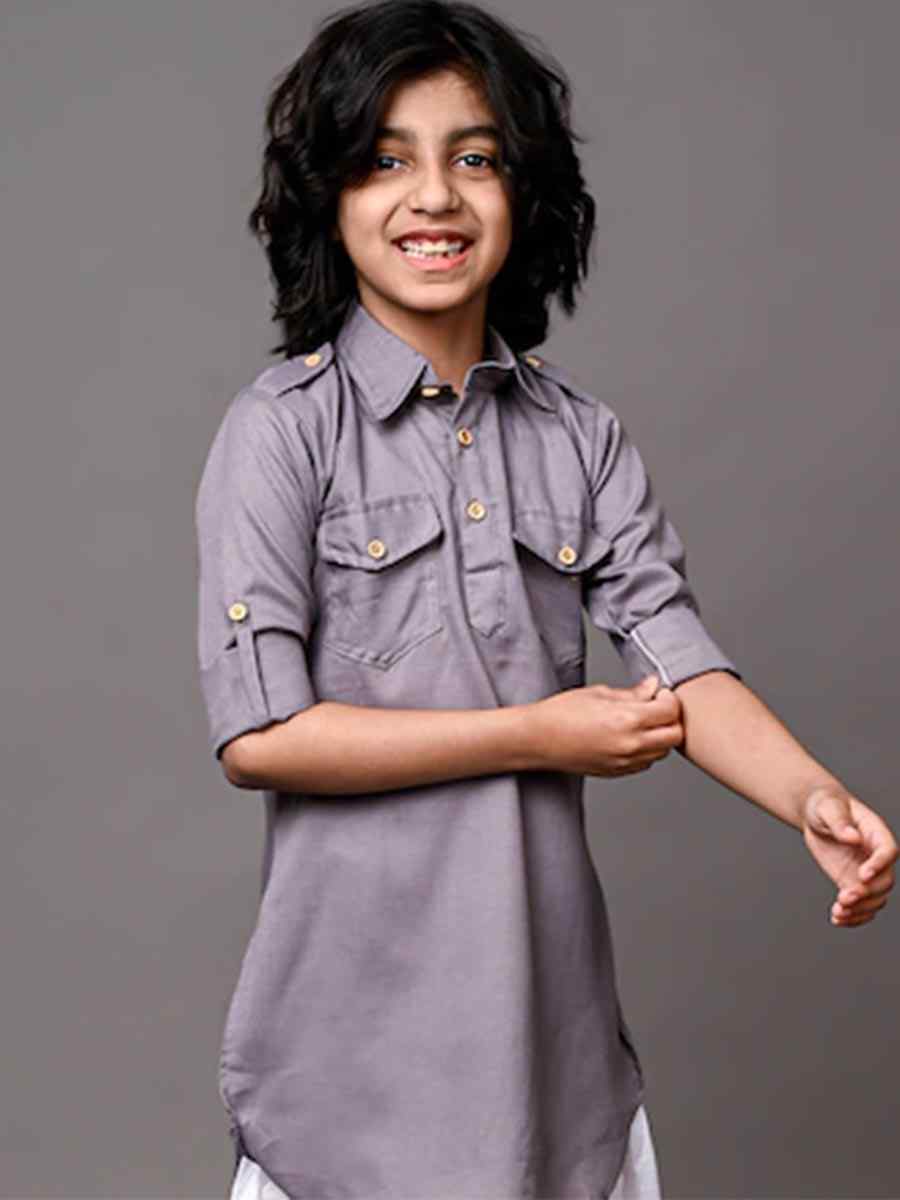 Grey Dupion Silk Brocade Festival Traditional Kurta Dhoti Boys Wear