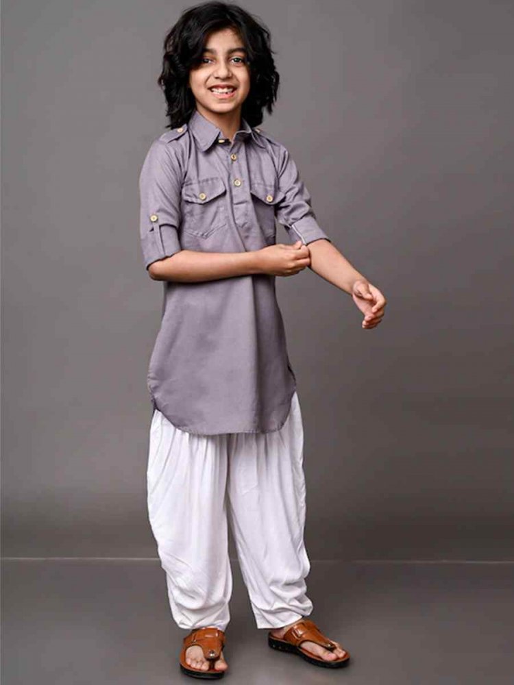 Grey Dupion Silk Brocade Festival Traditional Kurta Dhoti Boys Wear