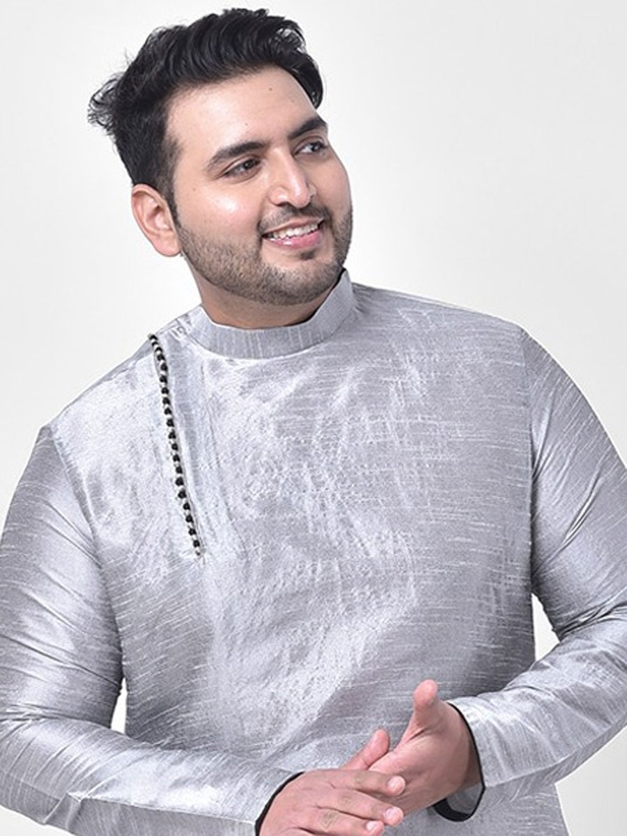 Grey Dupion Silk Festival Plain Kurta