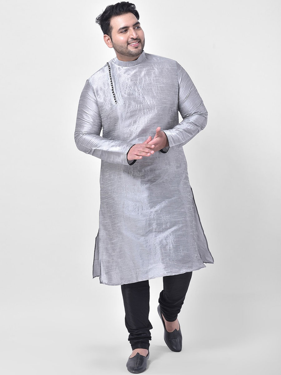 Grey Dupion Silk Festival Plain Kurta