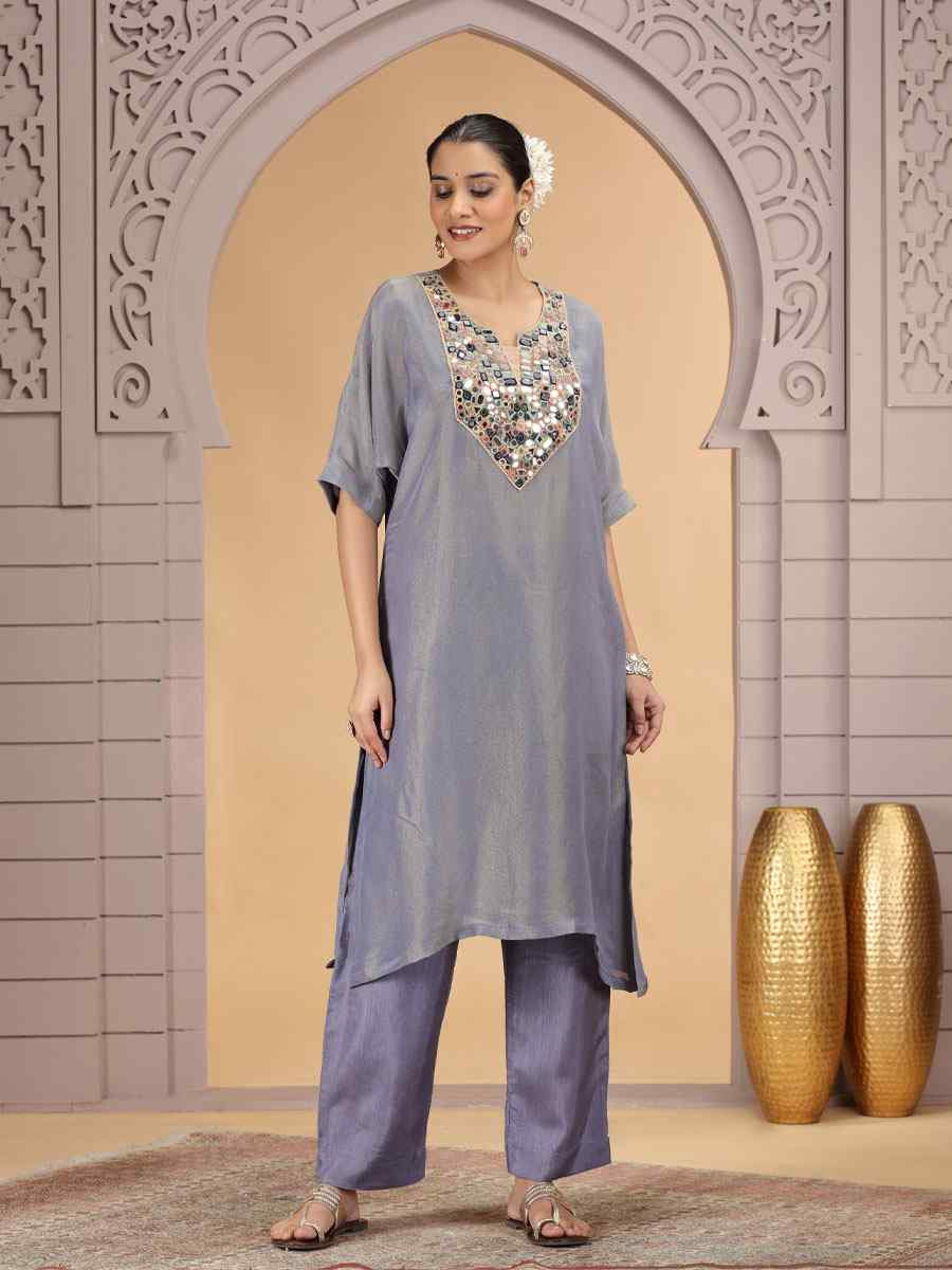 Grey Embroidered Festival Casual Kurti with Bottom