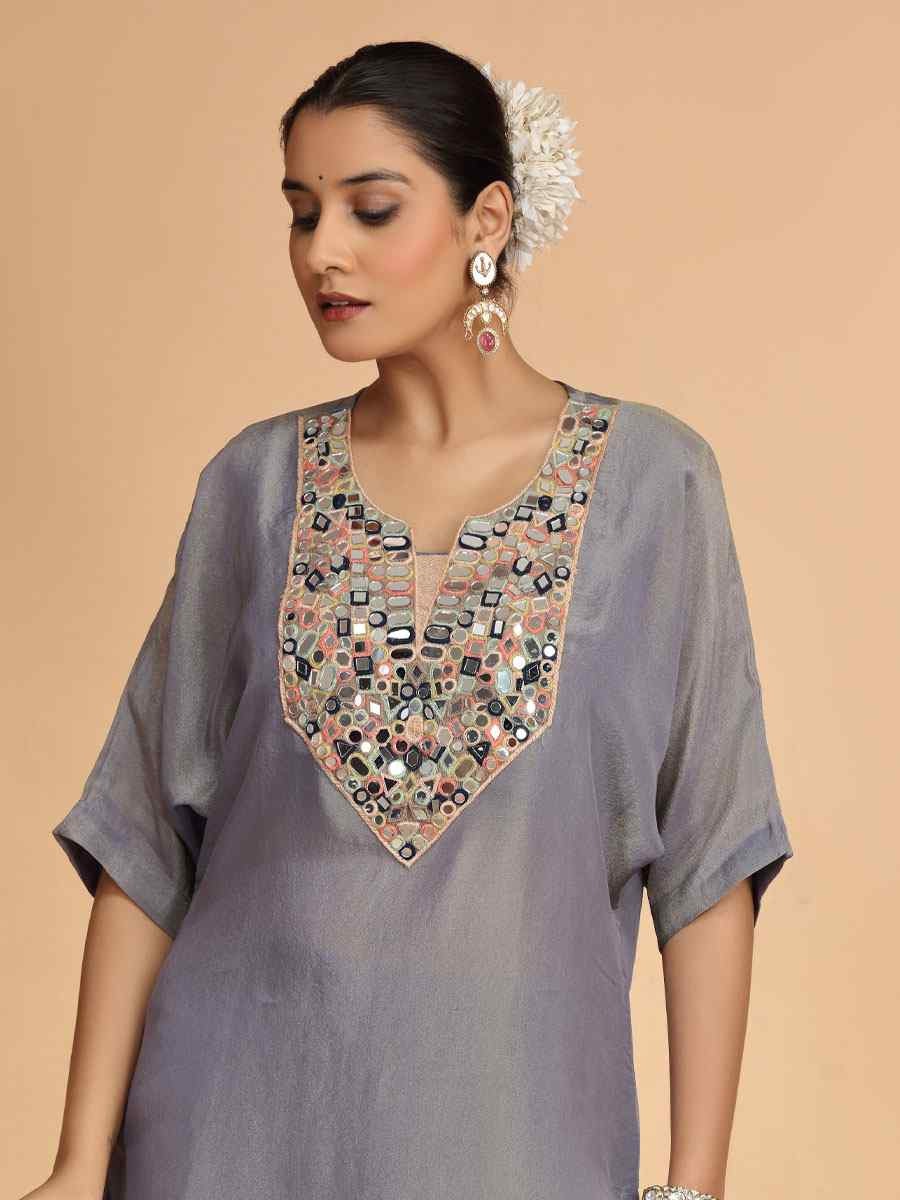 Grey Embroidered Festival Casual Kurti with Bottom