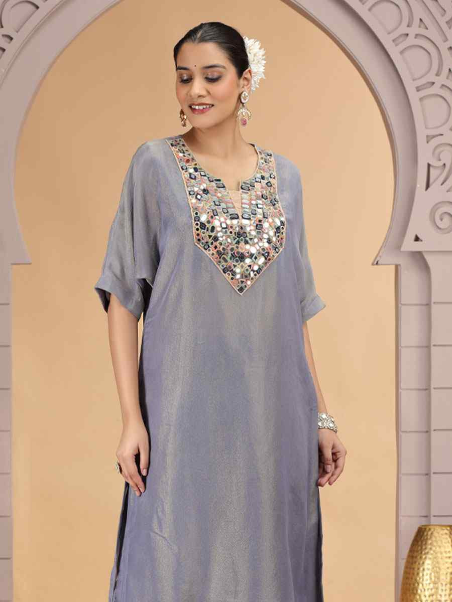 Grey Embroidered Festival Casual Kurti with Bottom