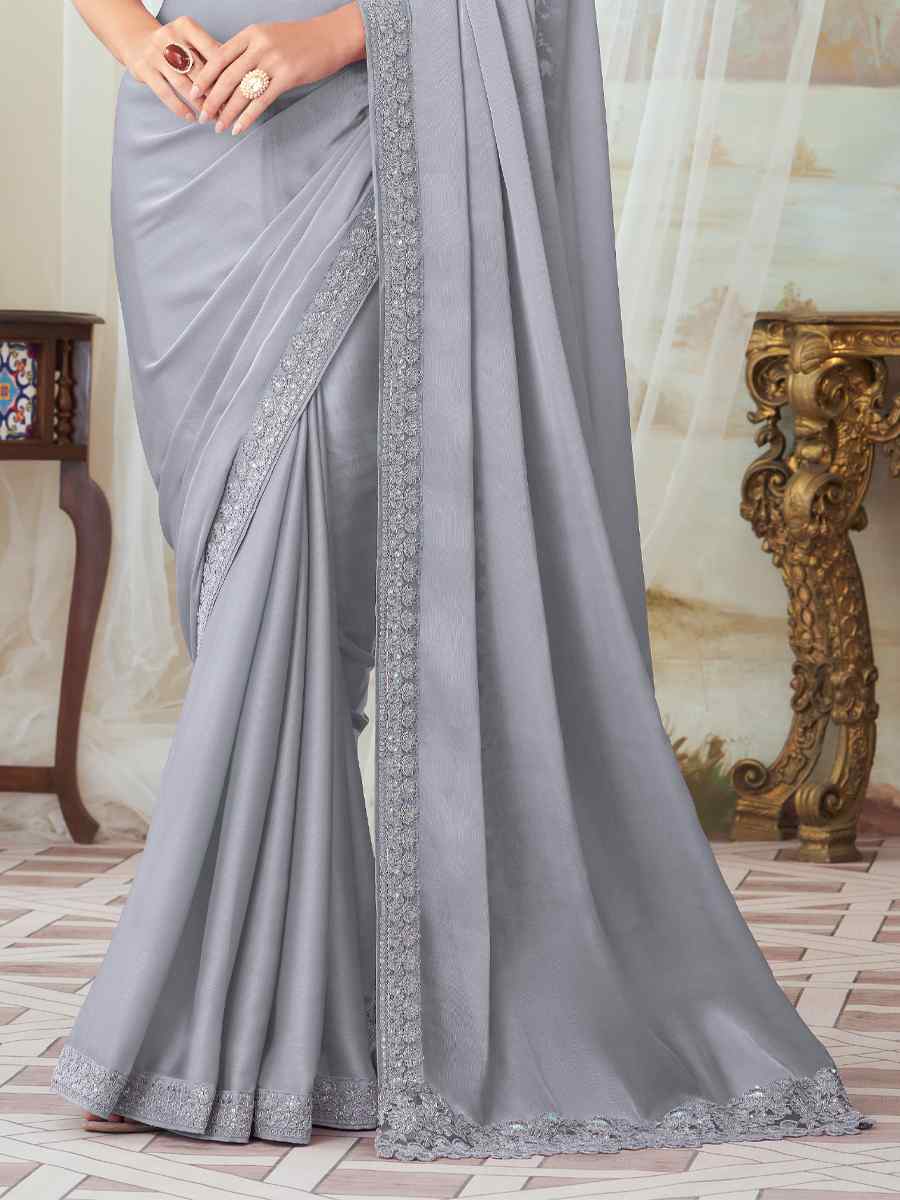 Grey Fancy Material Handwoven Party Festival Heavy Border Saree