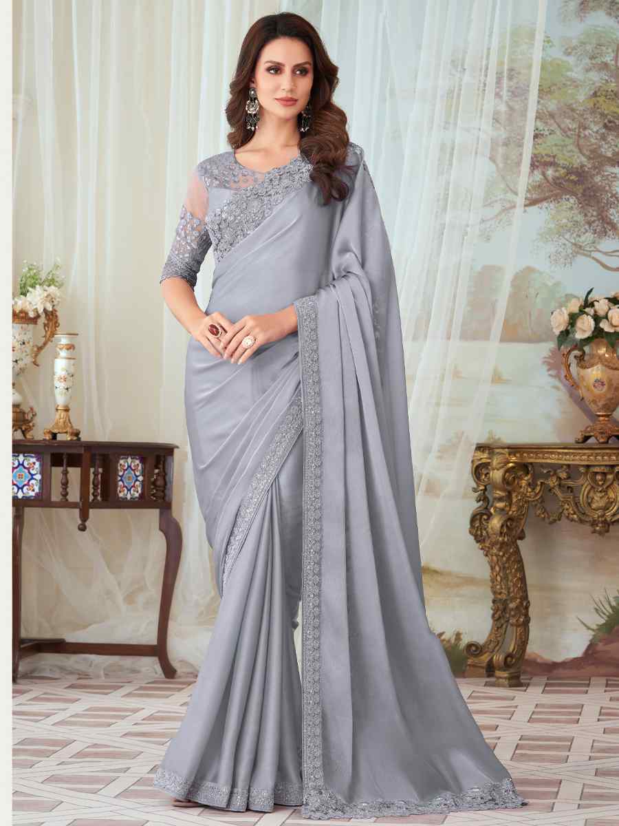 Grey Fancy Material Handwoven Party Festival Heavy Border Saree