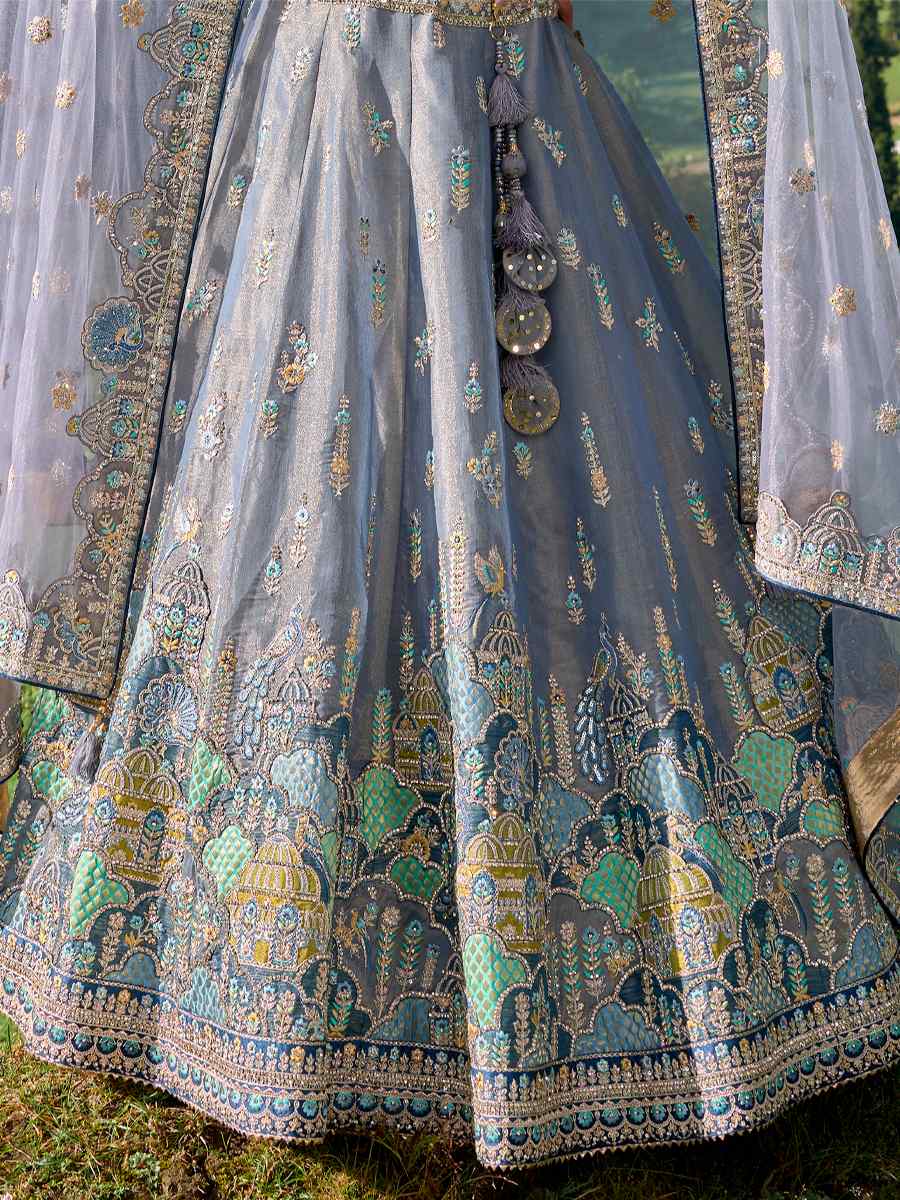 Grey Fancy Silk Embroidered Bridal Reception Heavy Border Lehenga Choli