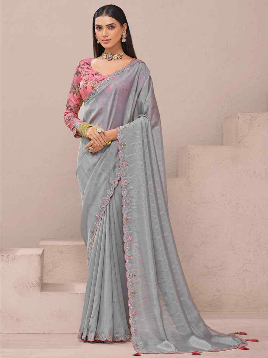 Grey Fancy Silk Plain Party Bridal Reception Festival Wedding Fancy Heavy Border Saree