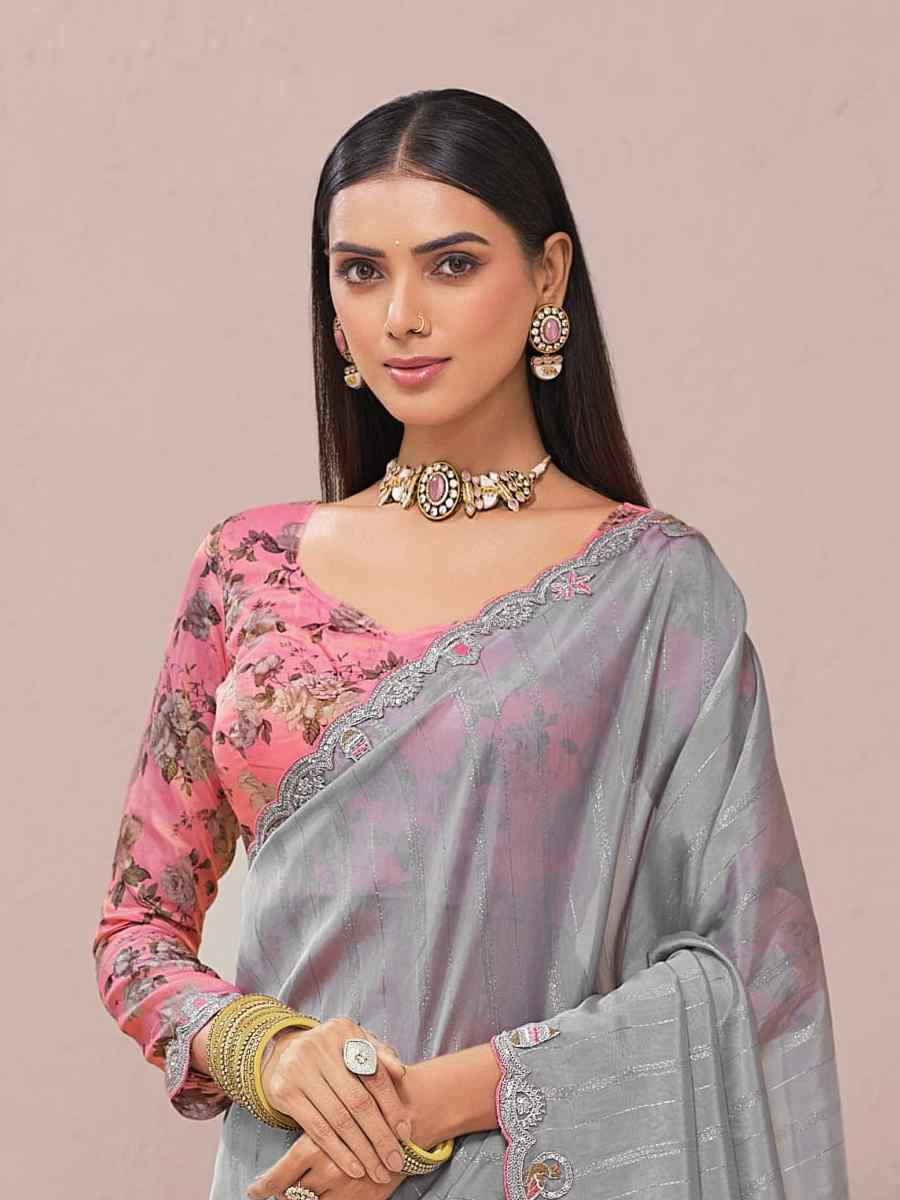 Grey Fancy Silk Plain Party Bridal Reception Festival Wedding Fancy Heavy Border Saree