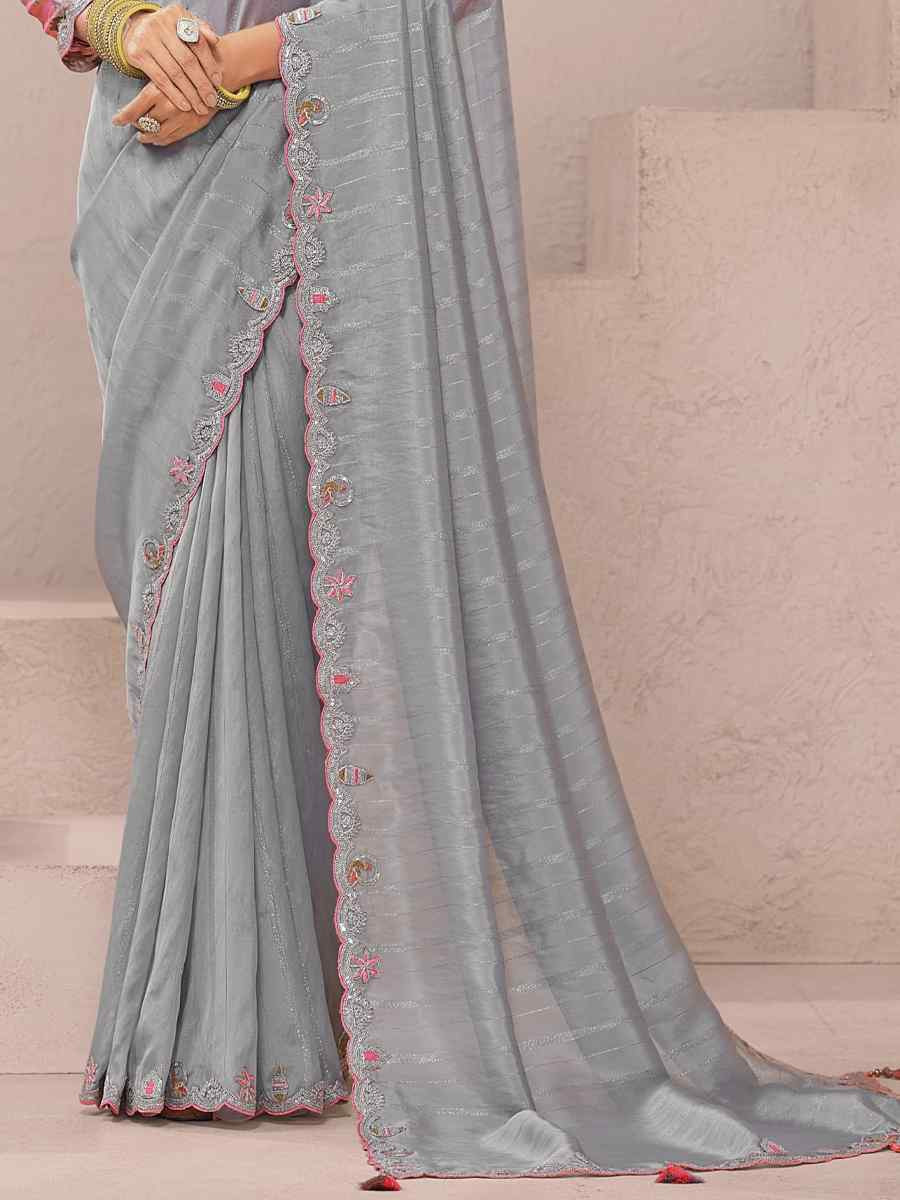 Grey Fancy Silk Plain Party Bridal Reception Festival Wedding Fancy Heavy Border Saree