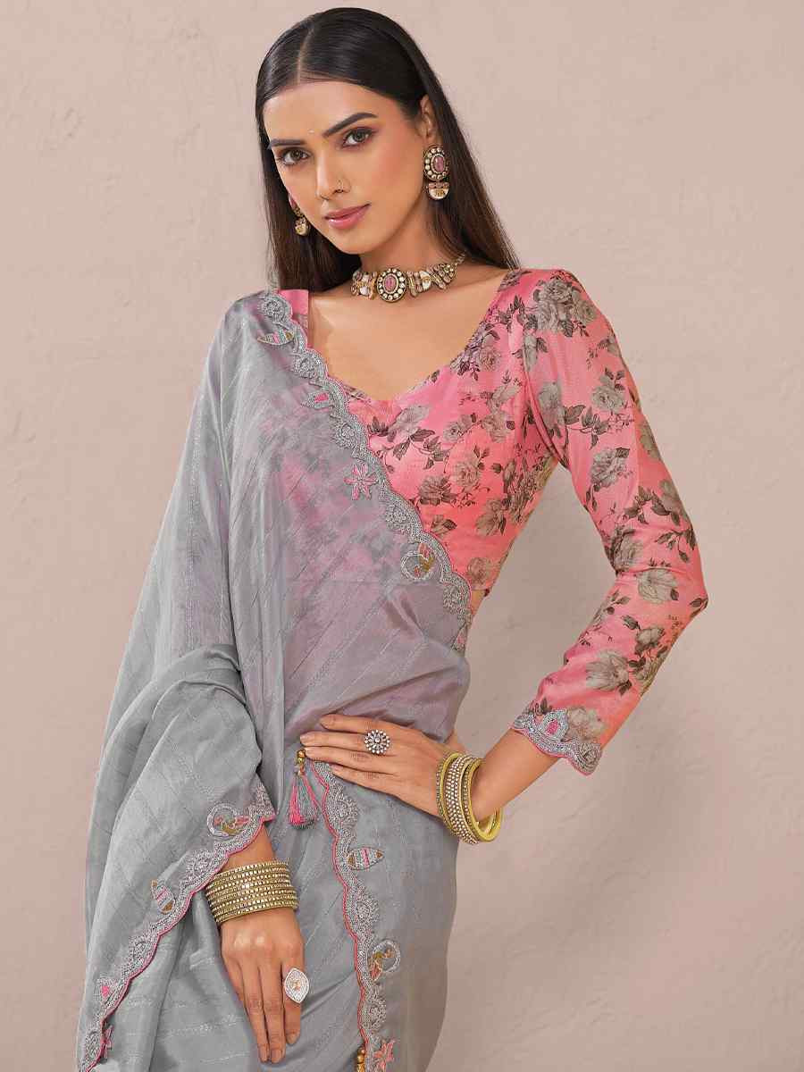 Grey Fancy Silk Plain Party Bridal Reception Festival Wedding Fancy Heavy Border Saree