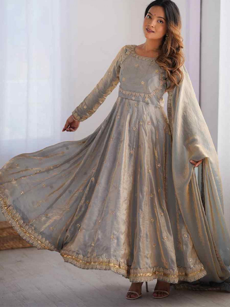 Image of Grey Fandy Silk Embroidery Party Wedding Festival Casual Ready Anarkali Pant Salwar Kameez