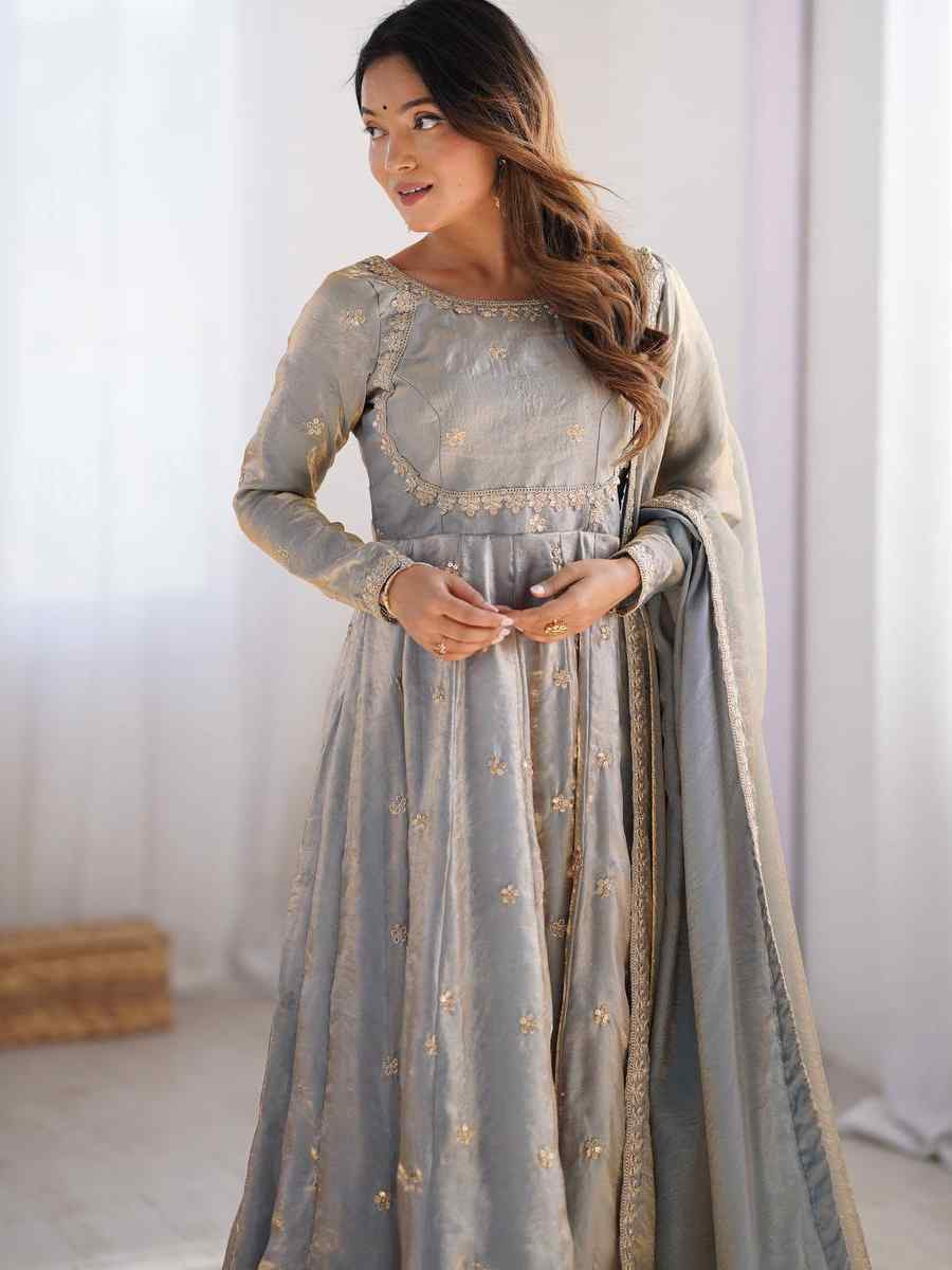 Grey Fandy Silk Embroidery Party Wedding Festival Casual Ready Anarkali Pant Salwar Kameez