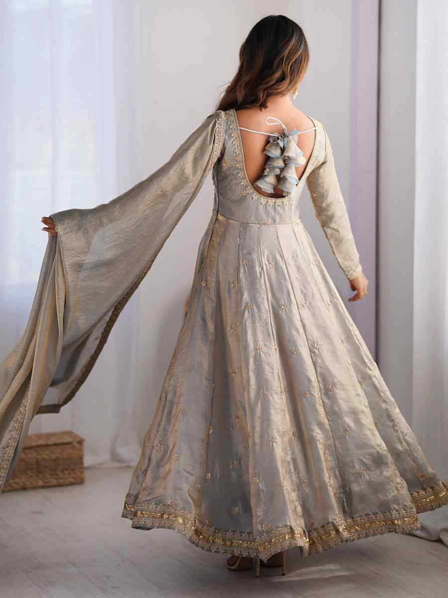 Grey Fandy Silk Embroidery Party Wedding Festival Casual Ready Anarkali Pant Salwar Kameez