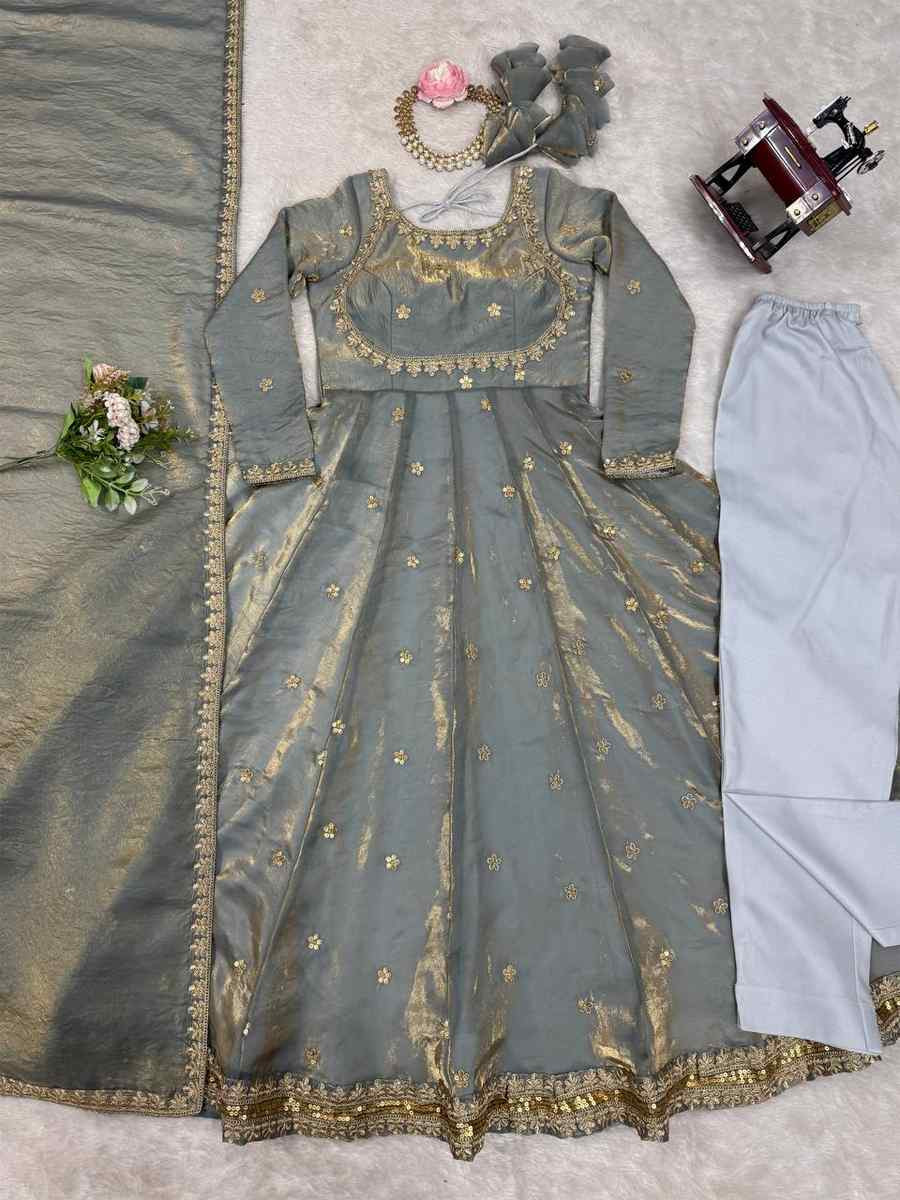 Grey Fandy Silk Embroidery Party Wedding Festival Casual Ready Anarkali Pant Salwar Kameez