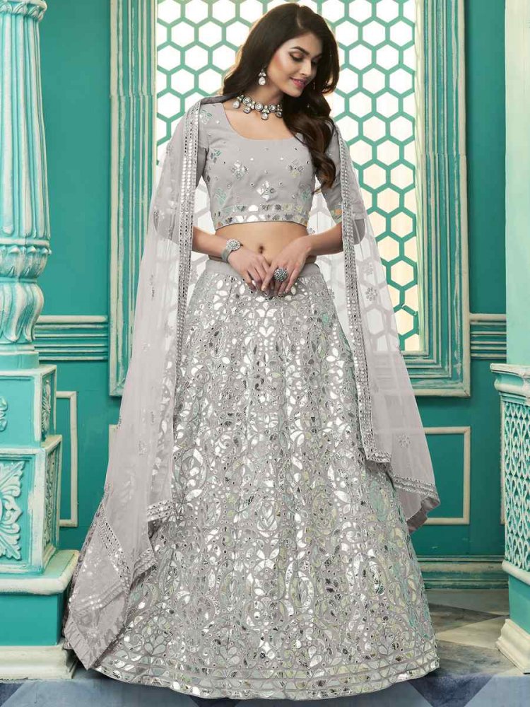 Grey Faux Georgette Embroidered Engagement Wedding Heavy Border Lehenga Choli