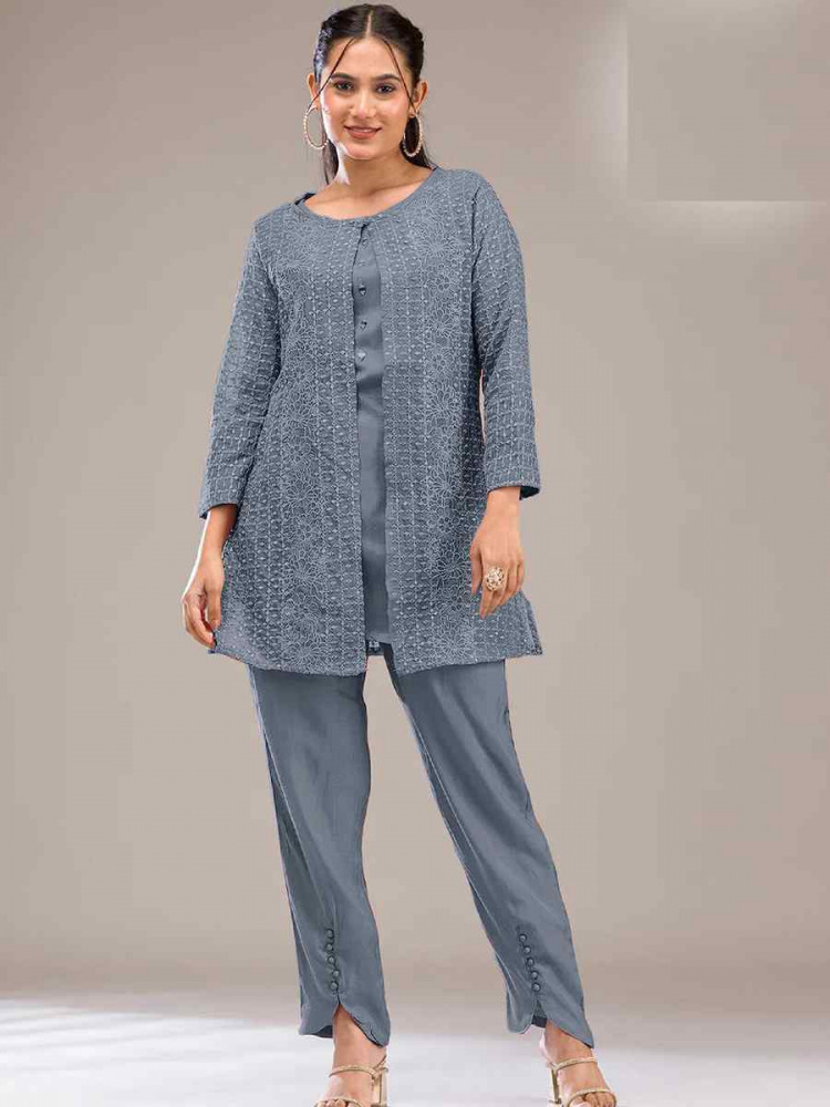 Image of Grey Faux Georgette Embroidered Festival Casual Kurti Bottom Women Wear