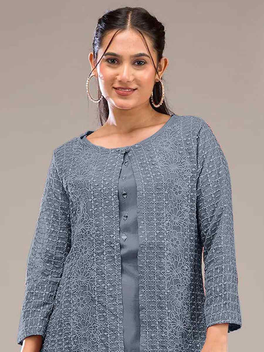Grey Faux Georgette Embroidered Festival Casual Kurti Bottom Women Wear