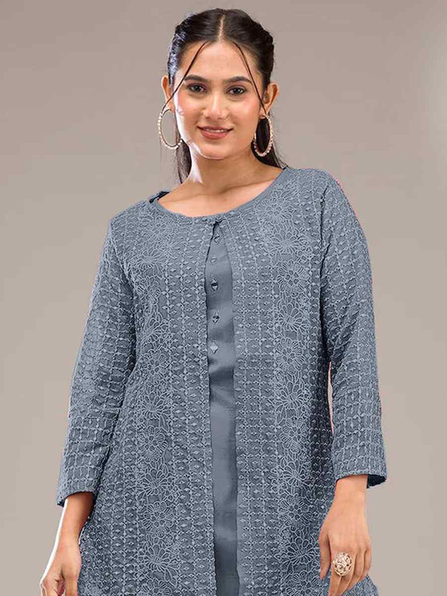 Grey Faux Georgette Embroidered Festival Casual Kurti Bottom Women Wear