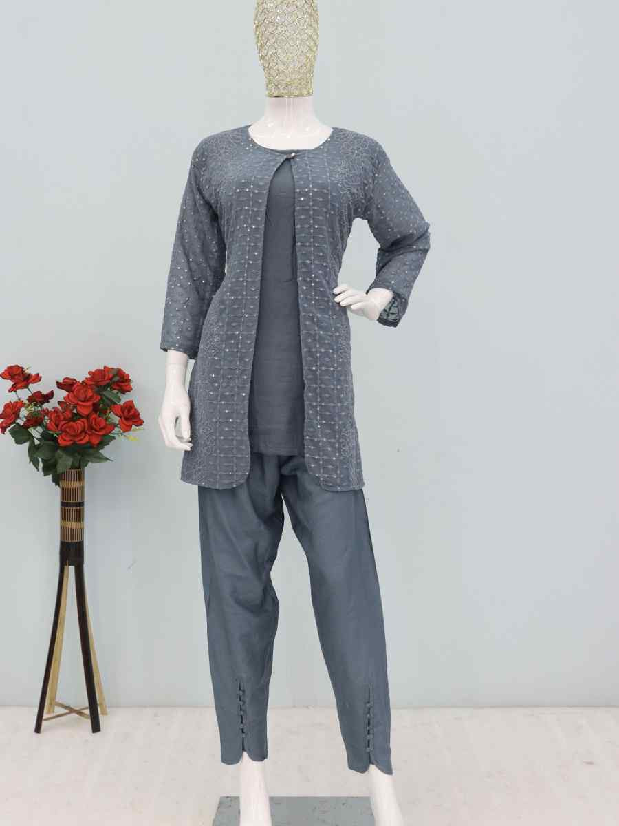 Grey Faux Georgette Embroidered Festival Casual Kurti Bottom Women Wear