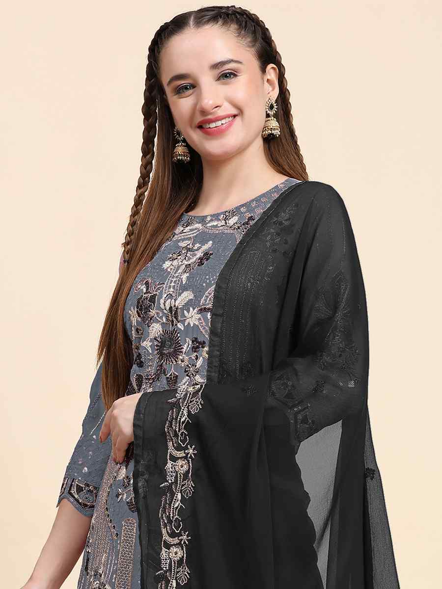 Grey Faux Georgette Embroidered Festival Casual Pant Salwar Kameez