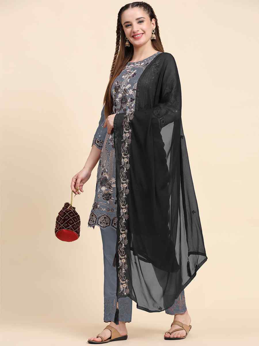 Grey Faux Georgette Embroidered Festival Casual Pant Salwar Kameez