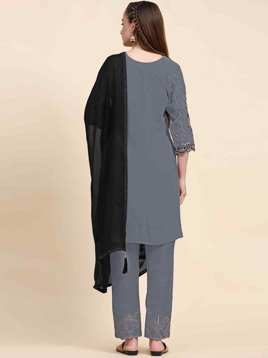 Grey Faux Georgette Embroidered Festival Casual Pant Salwar Kameez