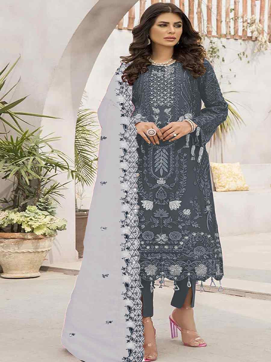 Grey Faux Georgette Embroidered Festival Casual Pant Salwar Kameez