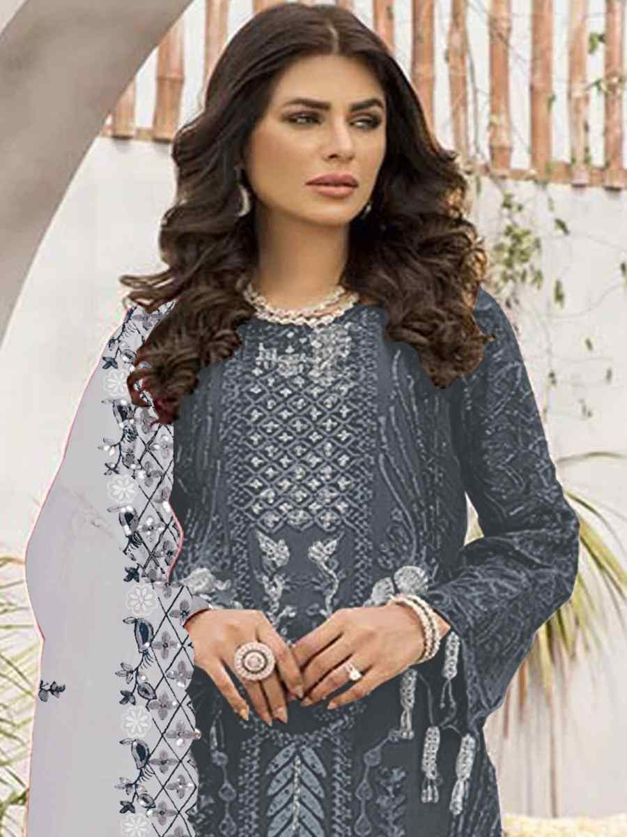 Grey Faux Georgette Embroidered Festival Casual Pant Salwar Kameez