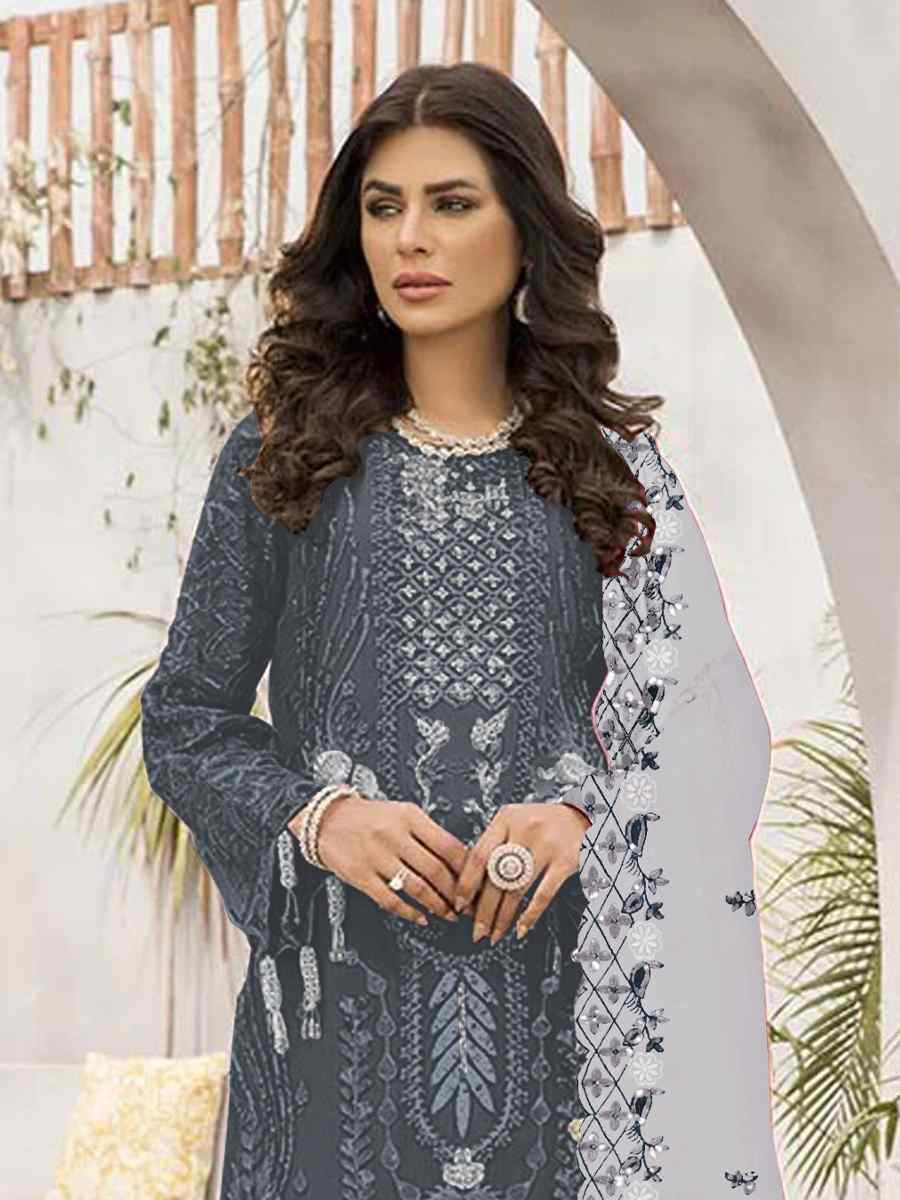 Grey Faux Georgette Embroidered Festival Casual Pant Salwar Kameez