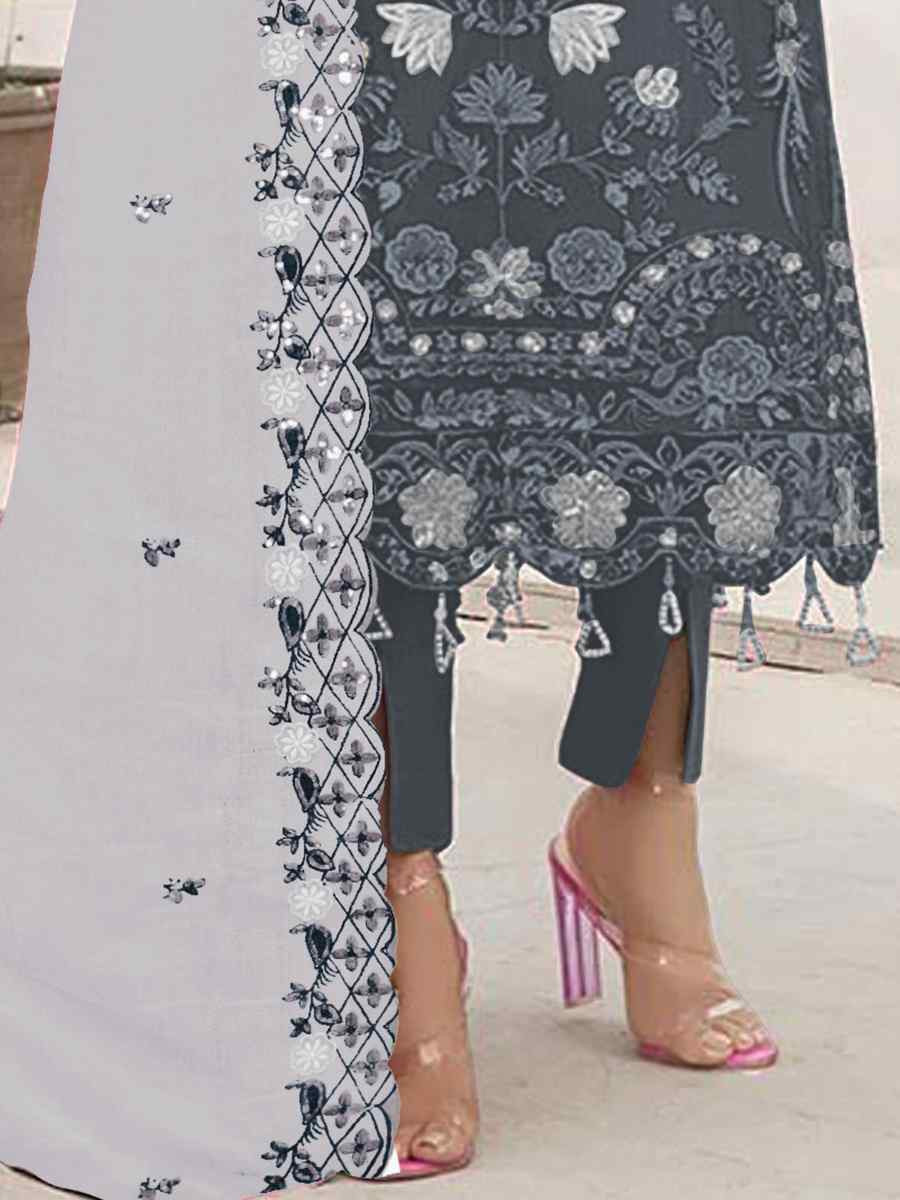 Grey Faux Georgette Embroidered Festival Casual Pant Salwar Kameez