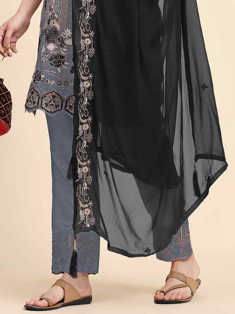 Grey Faux Georgette Embroidered Festival Casual Pant Salwar Kameez