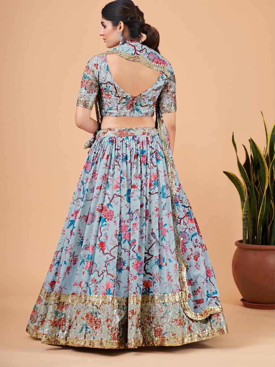 Grey Faux Georgette Embroidered Festival Mehendi Circular Lehenga Choli