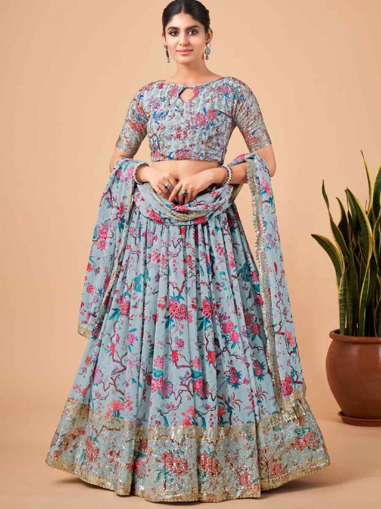 Grey Faux Georgette Embroidered Festival Mehendi Circular Lehenga Choli