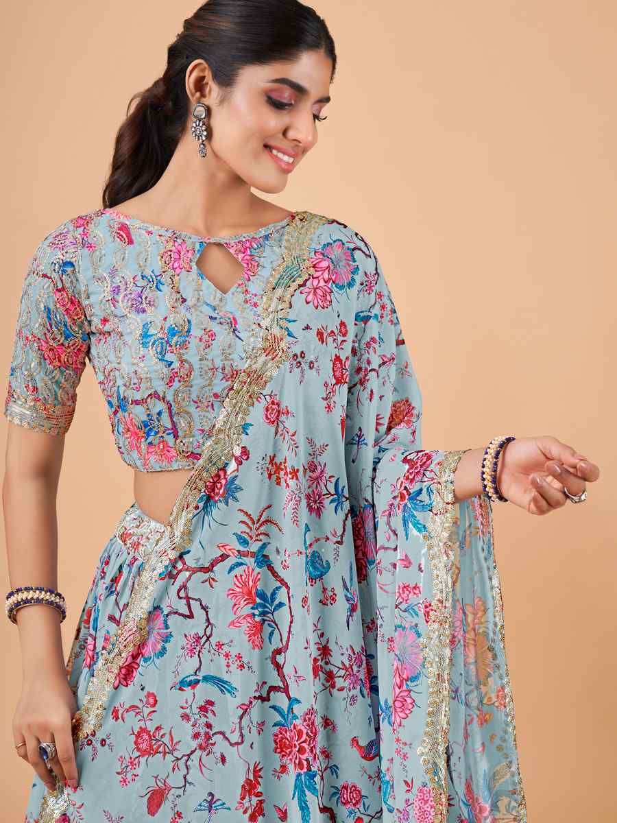 Grey Faux Georgette Embroidered Festival Mehendi Circular Lehenga Choli