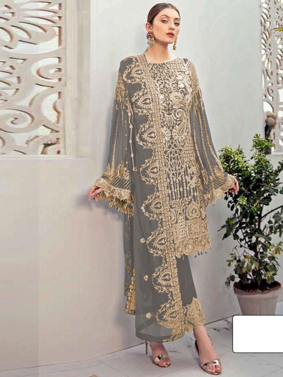 Grey Faux Georgette Embroidered Festival Pant Kameez