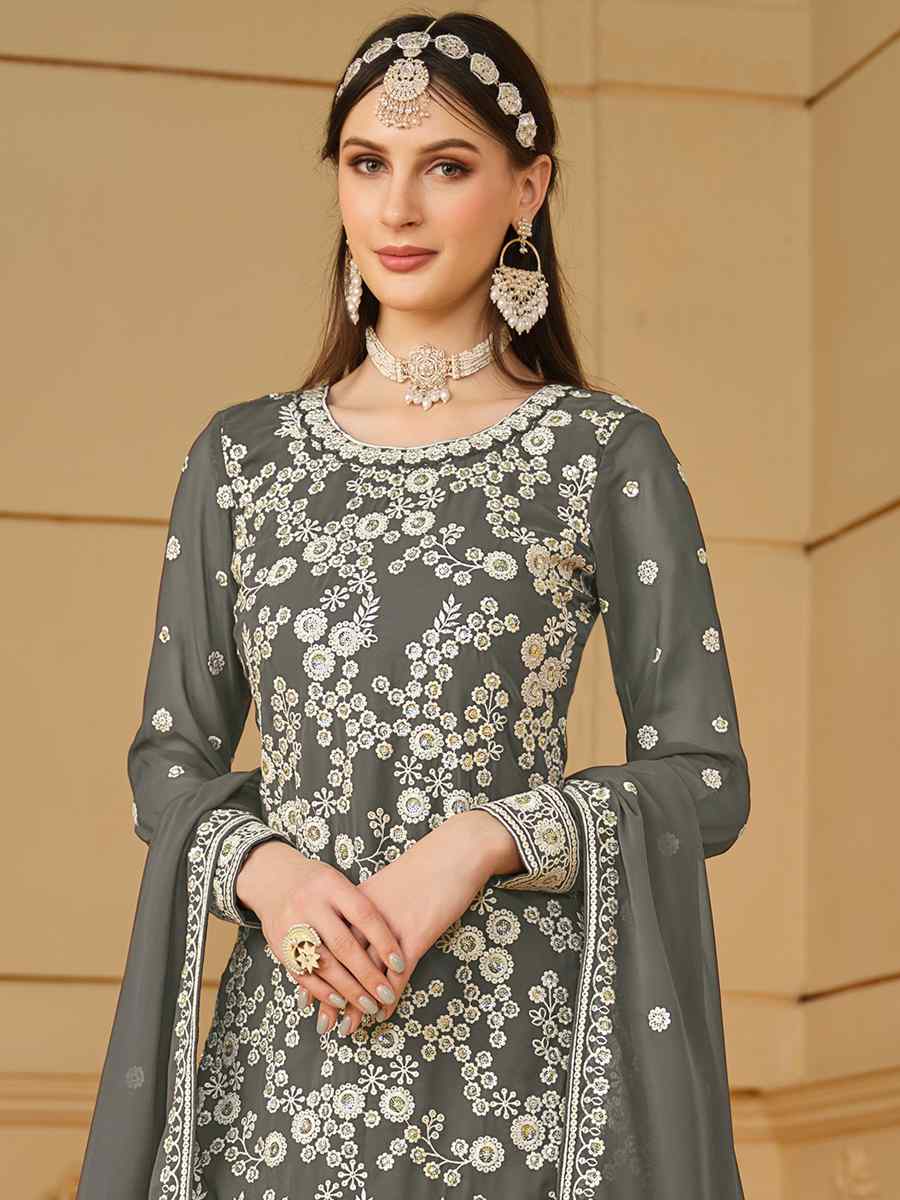 Grey Faux Georgette Embroidered Festival Wedding Palazzo Pant Salwar Kameez