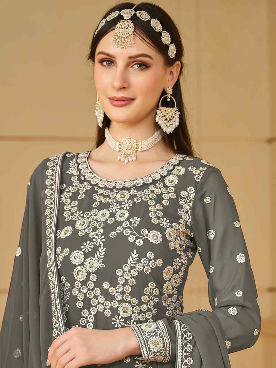 Grey Faux Georgette Embroidered Festival Wedding Palazzo Pant Salwar Kameez