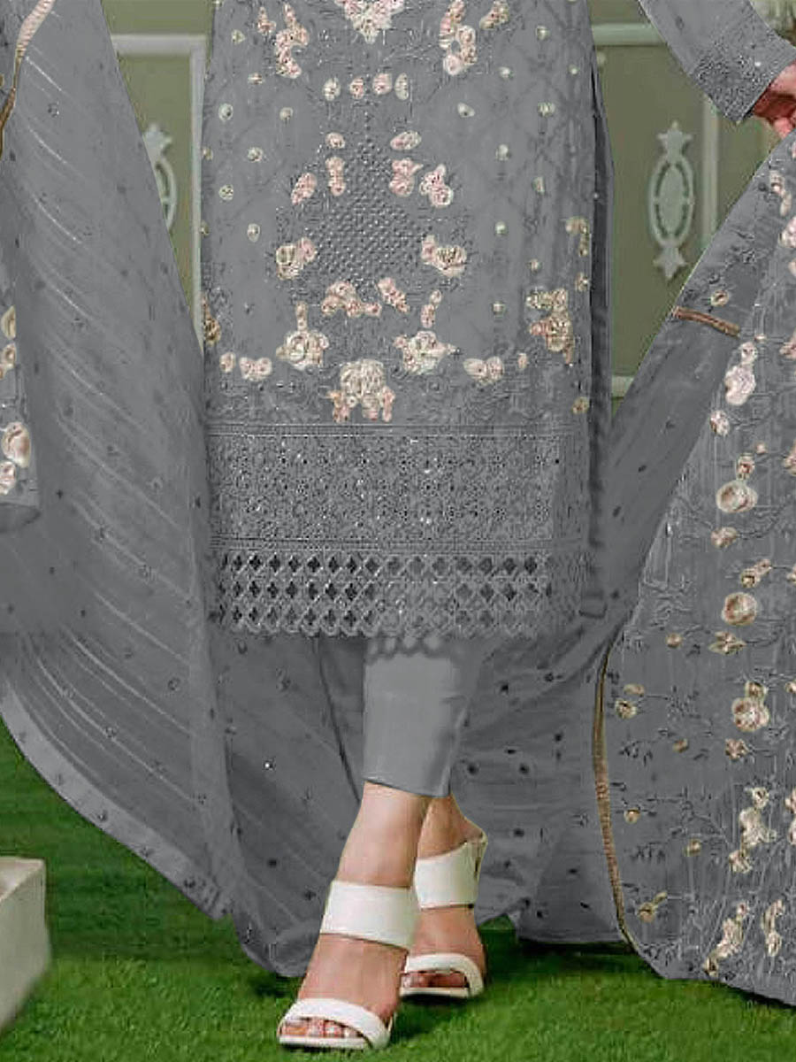 Grey Faux Georgette Embroidered Festival Wedding Pant Salwar Kameez