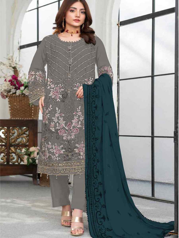 Grey Faux Georgette Embroidered Festival Wedding Pant Salwar Kameez