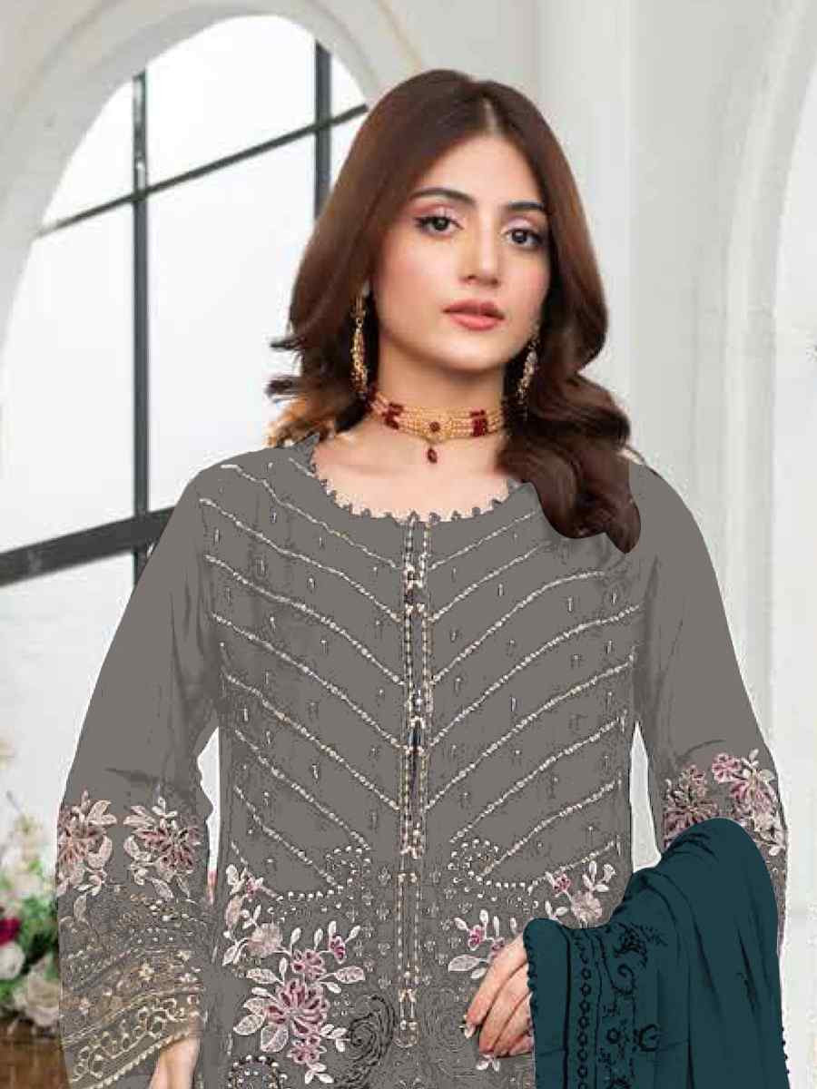 Grey Faux Georgette Embroidered Festival Wedding Pant Salwar Kameez