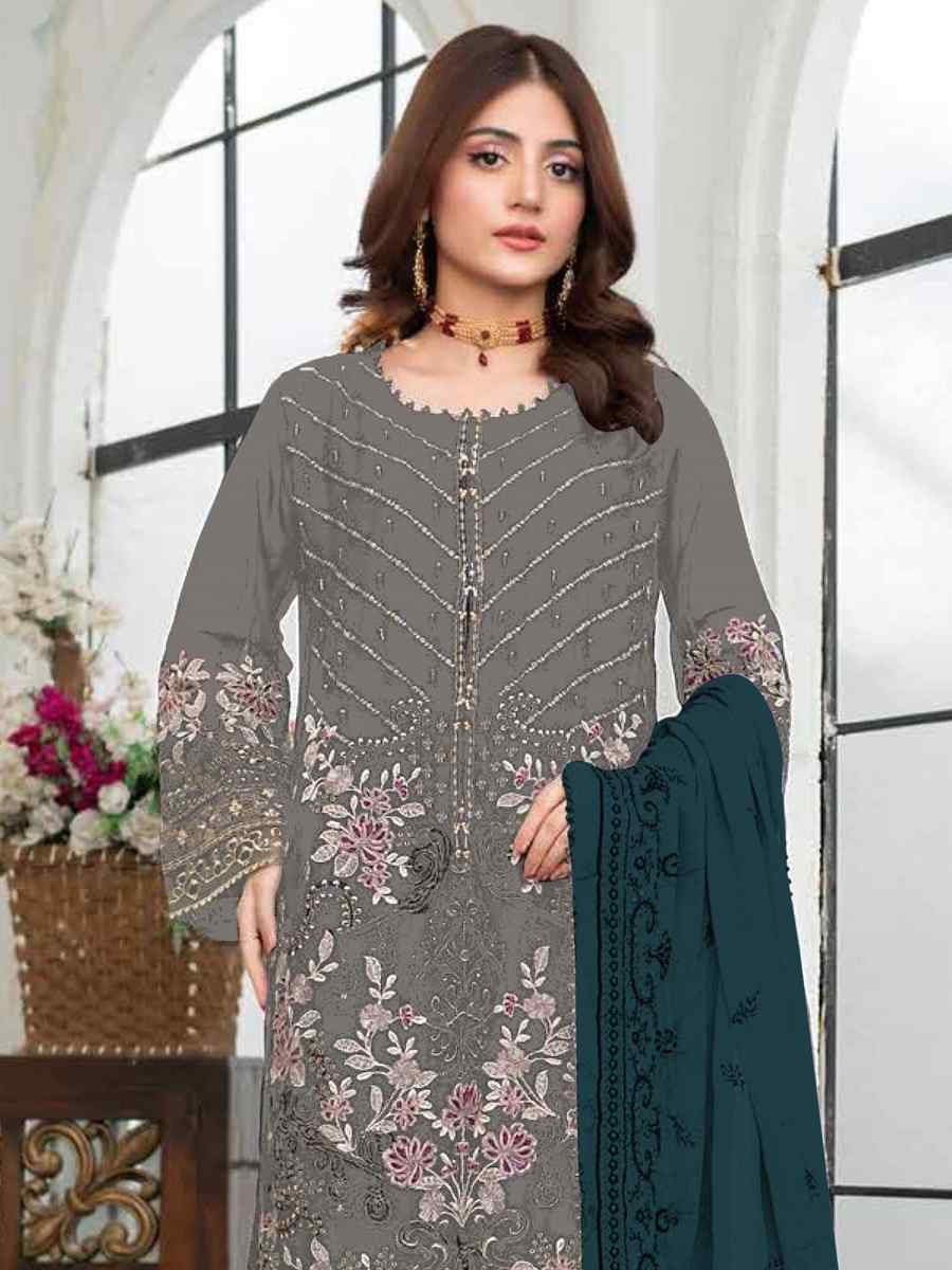 Grey Faux Georgette Embroidered Festival Wedding Pant Salwar Kameez