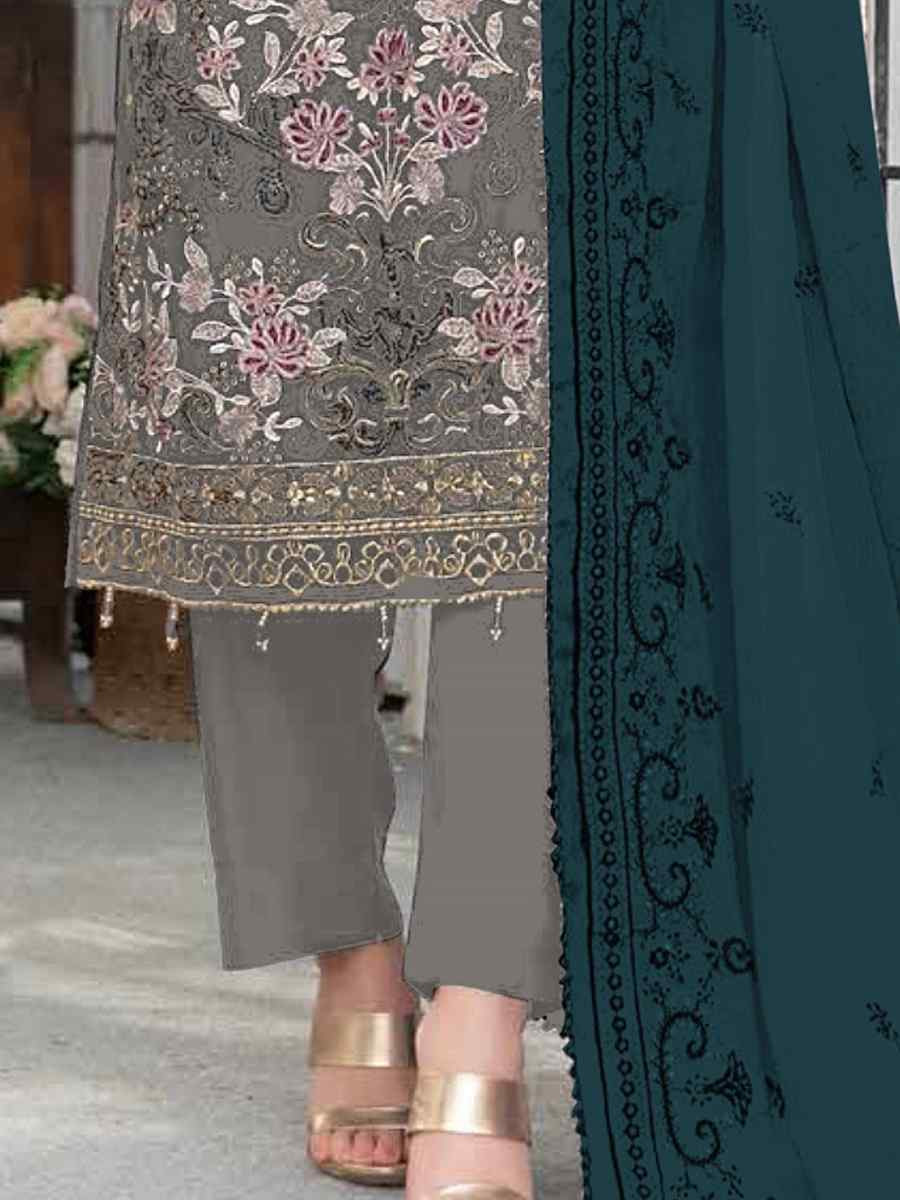 Grey Faux Georgette Embroidered Festival Wedding Pant Salwar Kameez
