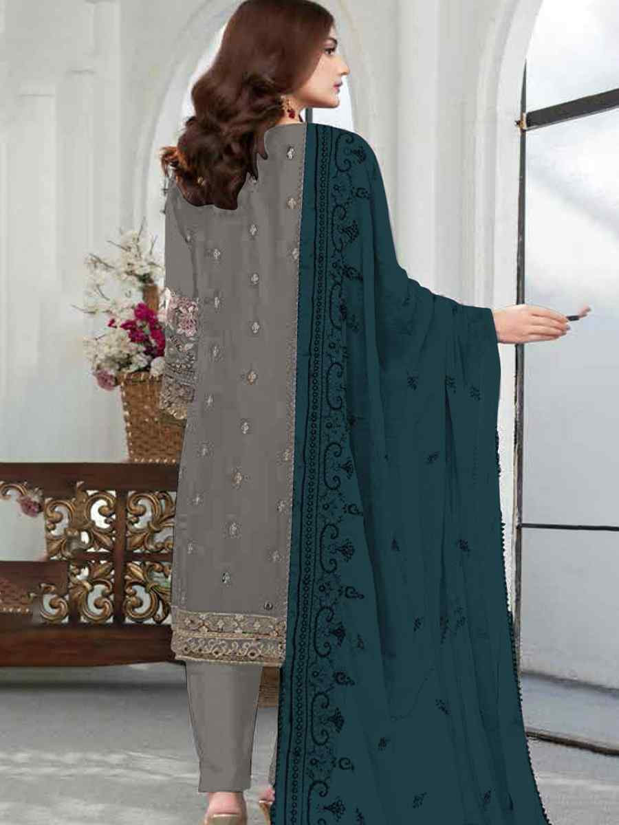Grey Faux Georgette Embroidered Festival Wedding Pant Salwar Kameez