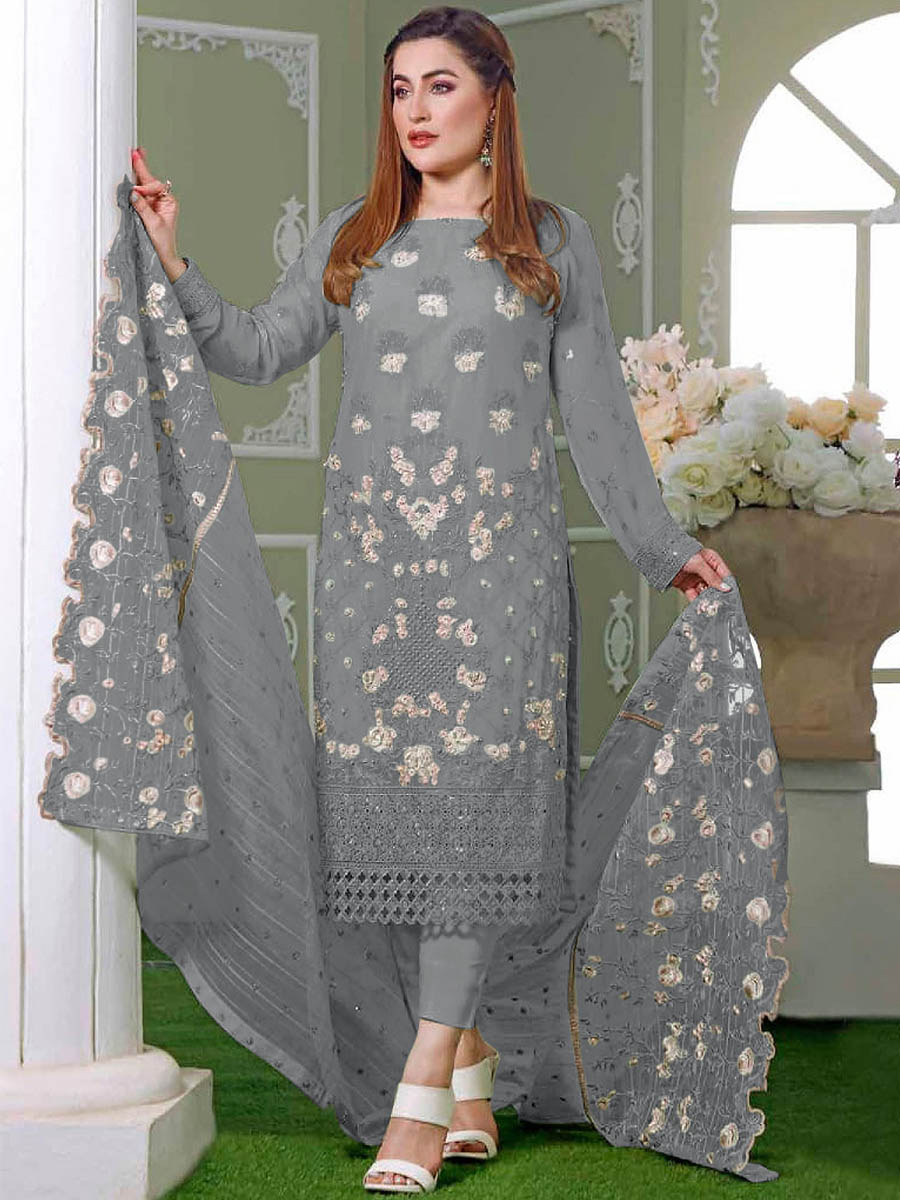 Grey Faux Georgette Embroidered Festival Wedding Pant Salwar Kameez